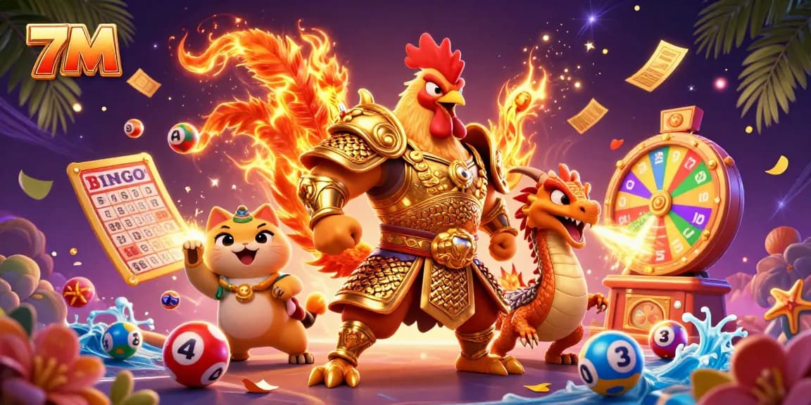 Engage with the thrilling 7M casino experience featuring a vibrant scene of warriors and lottery elements.