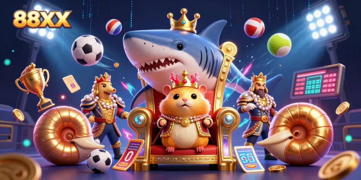 Bet on exciting games at 88XX, where a golden hamster king rules from a megalodon throne amidst vibrant sports elements.