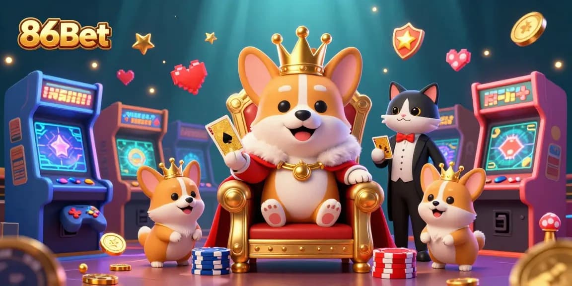 Engage with 86Bet's vibrant casino scene featuring a royal corgi and cat butler amidst game elements.