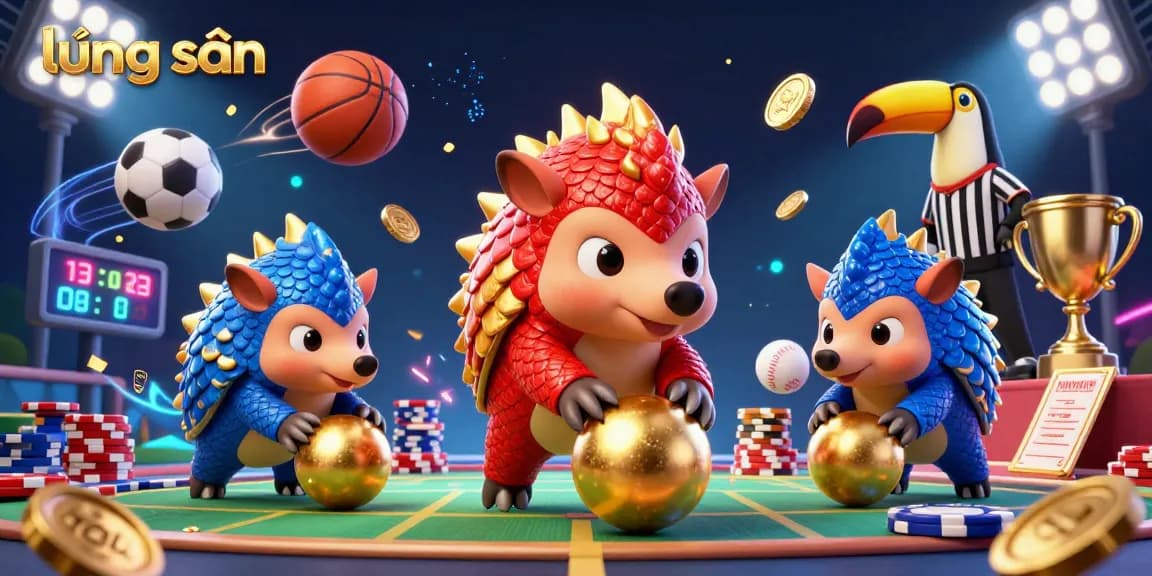 Lương sơn sports betting scene featuring rival pangolins bowling through poker chips amidst dynamic sports elements and vibrant effects.