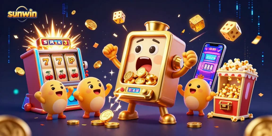 Experience the excitement of sunwin with a vibrant illustration featuring a golden slot machine hitting a jackpot.