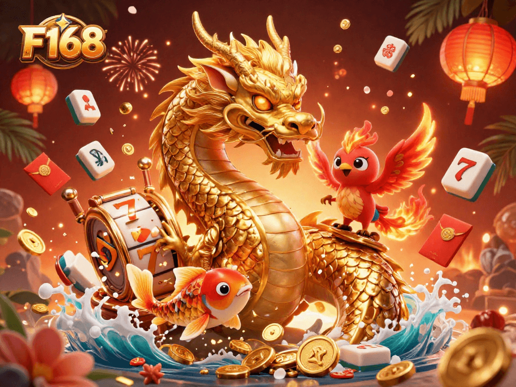 Experience the thrill of F168 with a vibrant 3D casino scene featuring lucky symbols and dynamic elements.