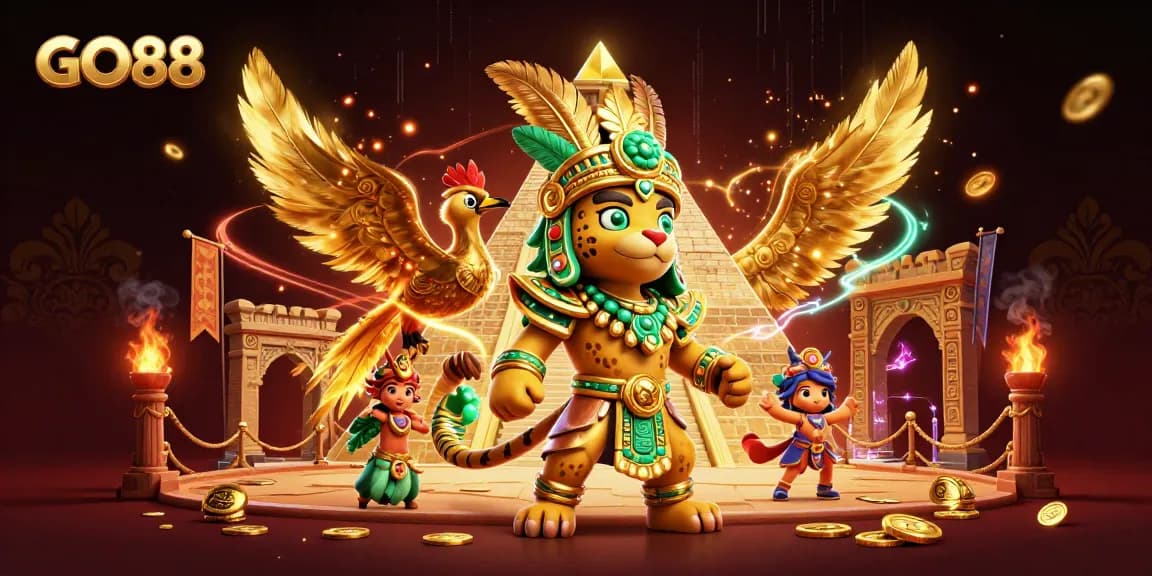 Experience thrilling gameplay at GO88 with vibrant casino elements, showcasing a dynamic Mayan priest and bird.