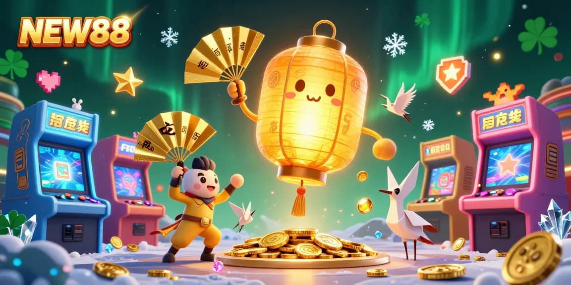 Experience thrilling gaming at NEW88 with vivid characters and casino elements in a vibrant night market scene.