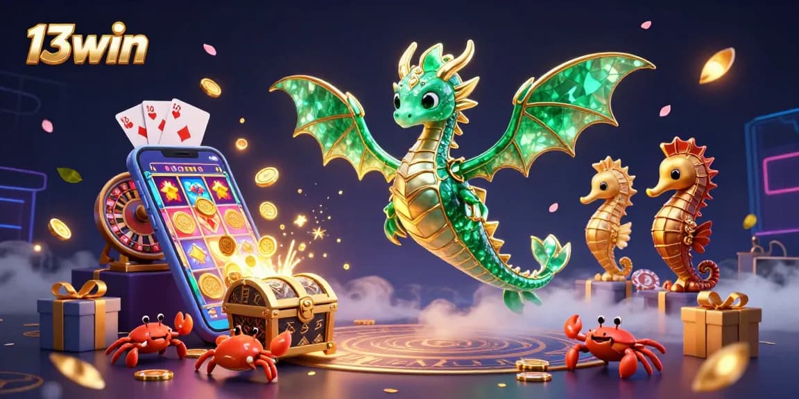 Experience thrilling games with 13win; vibrant slots, golden coins, and a majestic dragon.