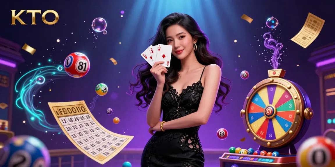 KTO showcases a glamorous scene of online casino excitement with elegant characters and dynamic gambling elements.