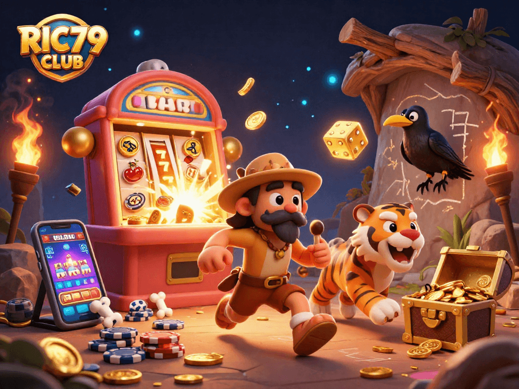 Experience the excitement of RIC79 CLUB with a vibrant 3D casino scene featuring classic games and colorful animations.