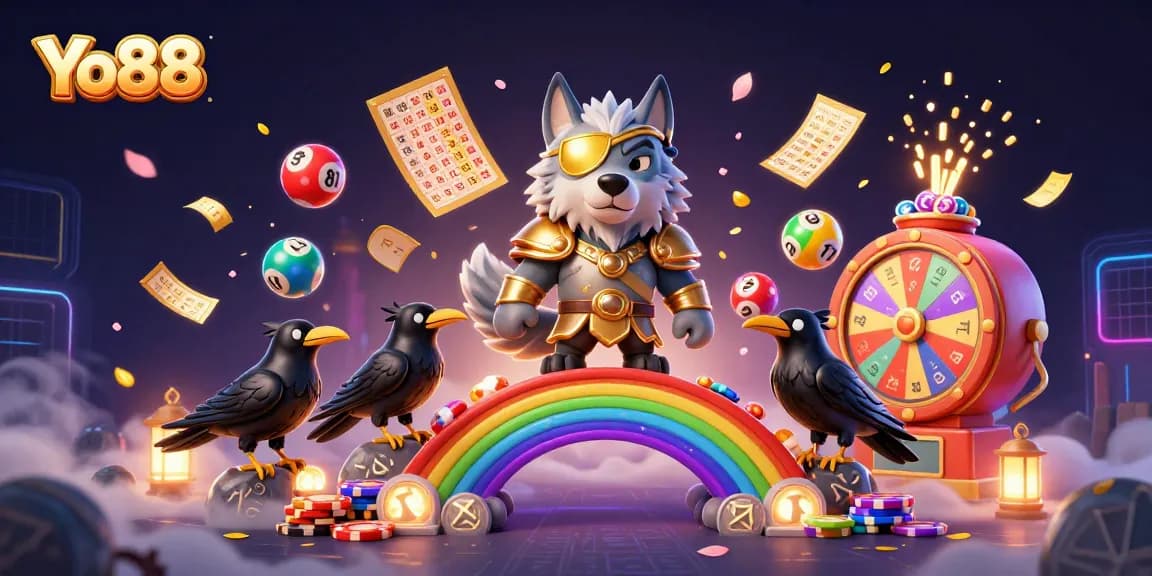 Engage with Yo88 in this vibrant 3D representation of a Norse wolf amidst lottery and casino elements.