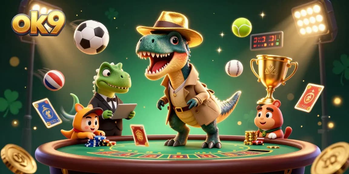 Experience excitement at ok9 with a cartoon velociraptor at a blackjack table, vibrant casino scene.