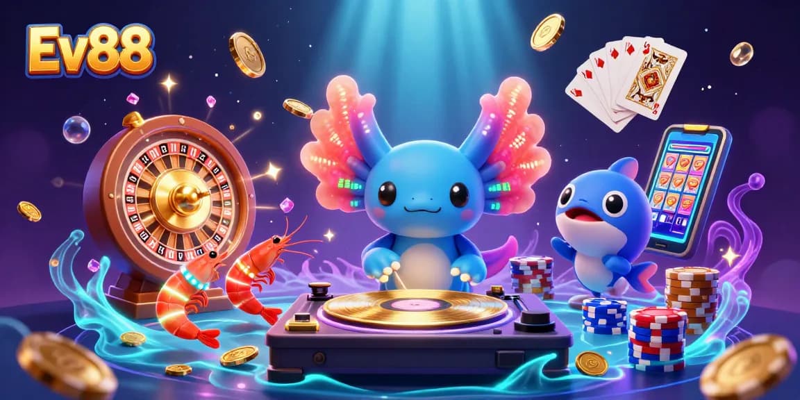 Ev88 casino illustration showcasing vibrant gameplay with a DJ axolotl, shrimp dancers, and dynamic game elements.