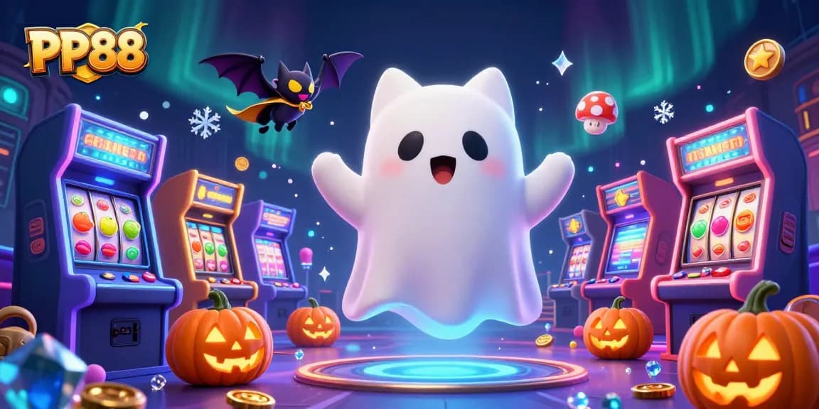Play thrilling casino games with PP88 featuring vibrant slot machines, gaming characters, and an immersive haunted setup.