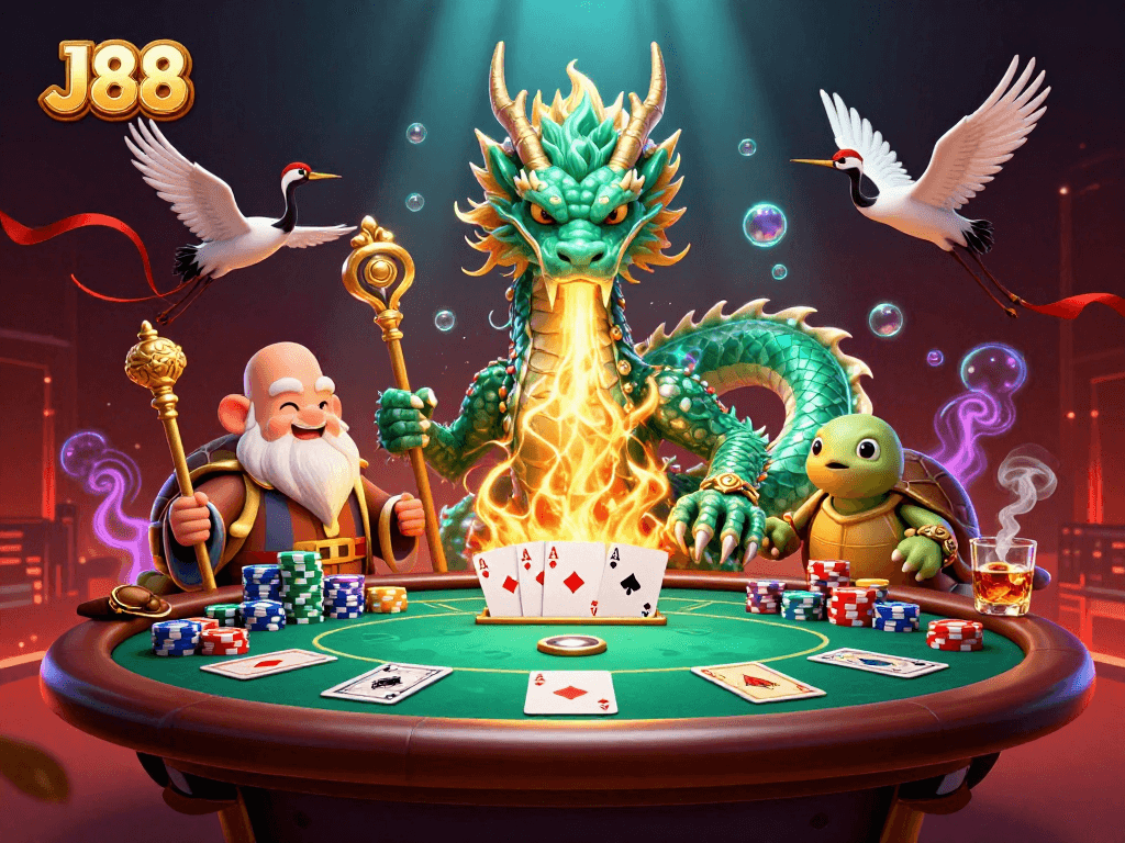 Engage with thrilling J88 adventures featuring vibrant casino symbols and dynamic characters.