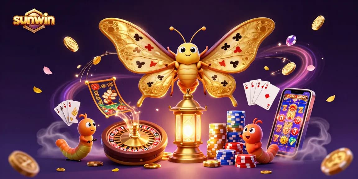 Engage with sunwin's vibrant casino illustration featuring a golden-winged moth amid dazzling game elements.