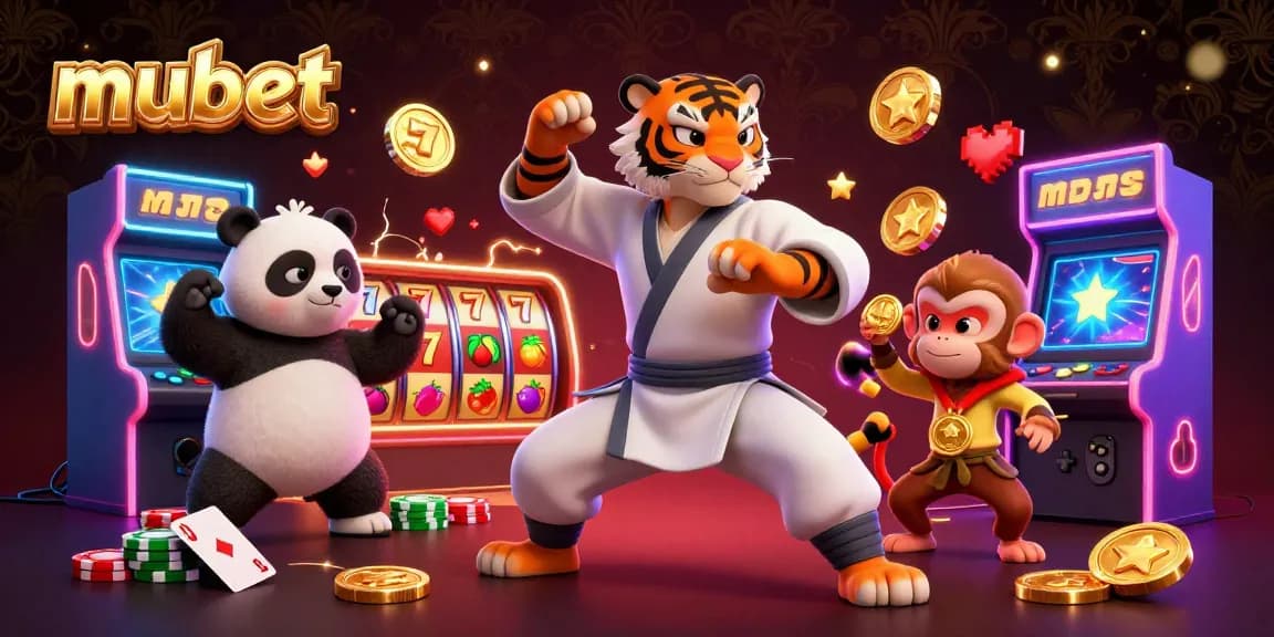 Experience thrilling moments at mubet with a lively illustration of a kung fu tiger, panda, and monkey amidst vibrant casino elements.