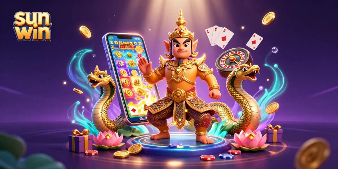 Win big in sun win's vibrant casino scene with 3D characters and dynamic game elements.