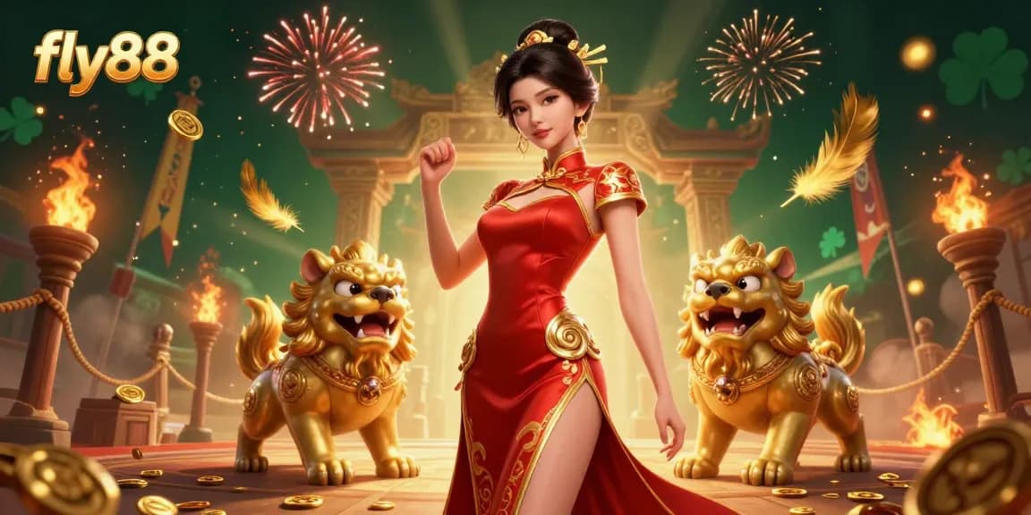Engage in thrilling gaming at fly88, featuring a glamorous scene with a coded Asian environment and exciting gambling elements.