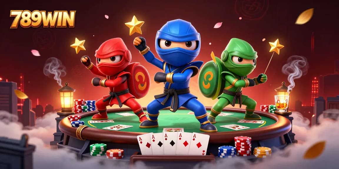 Experience thrilling gameplay at 789WIN with vibrant poker chips, dynamic ninjas, and excitement.