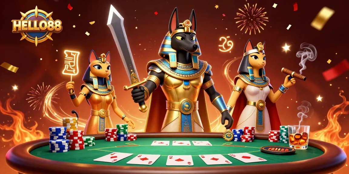 HELLO88 invites players to a thrilling poker showdown with Anubis and Bastet in a rich casino scene.