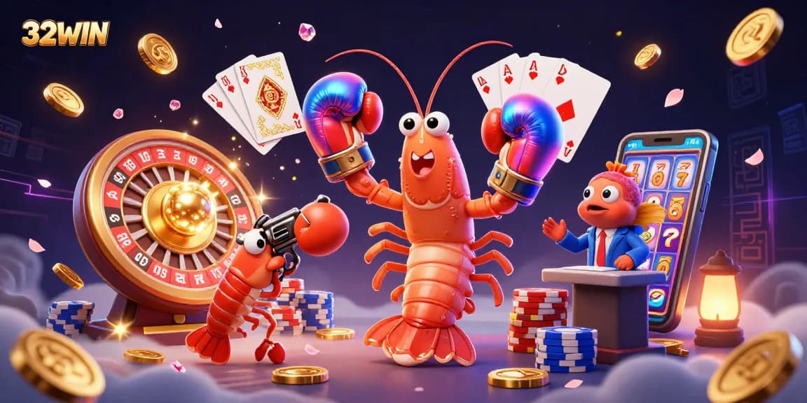 Experience the thrill of 32WIN with vibrant characters and casino excitement, showcasing dynamic gaming action.