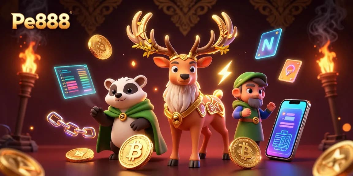 Experience winning strategies at Pe888 with a 3D casino scene featuring druid and crypto elements.