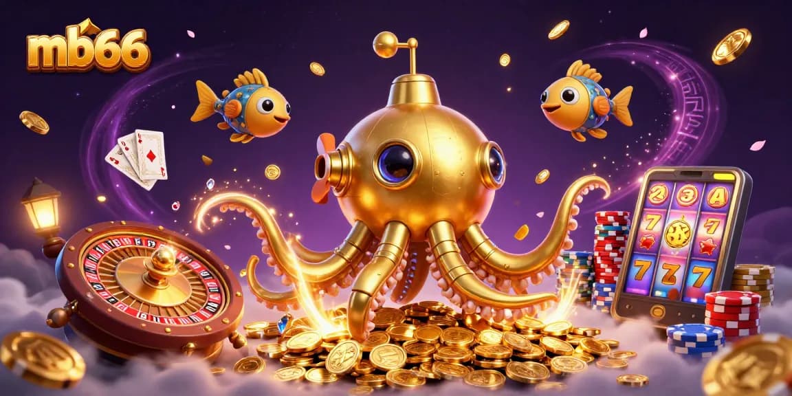 Experience the thrill of mb66 with a vibrant illustration of a golden kraken submarine amidst casino games and treasures.
