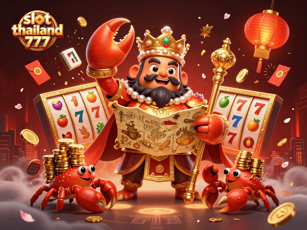 Experience the joy of slot thailand 777 as the golden crab emperor leads a vibrant casino scene.