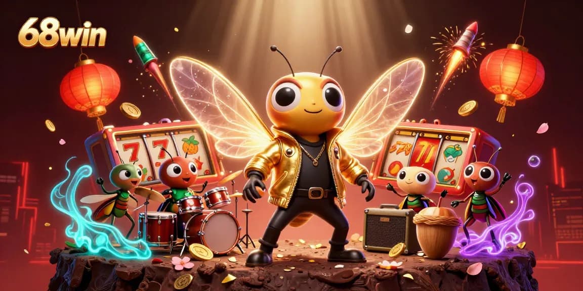 Spin the reels at 68win with a vibrant 3D casino scene featuring a rock star and lucky symbols.