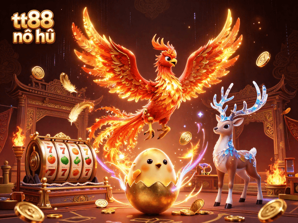 Engage with the tt88 nổ hũ world filled with dynamic slot reels, golden phoenix, and mystical stag.