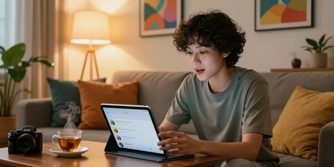 Engaging in AI spicy talk on a sleek tablet in a cozy urban apartment with warm lighting.