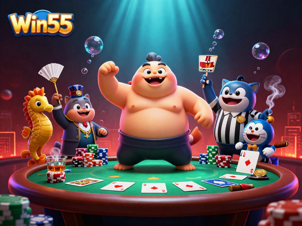 Win55 poker scene featuring fugu in a sumo belt, catfish referee, and vibrant underwater elements.
