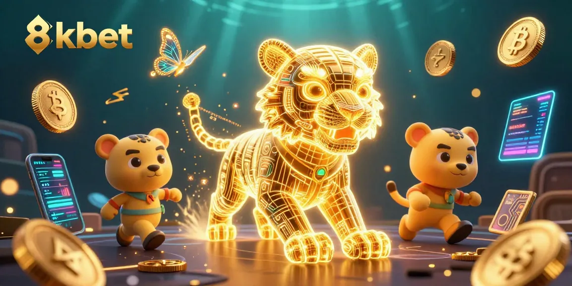 Immerse in the vibrant 8kbet casino experience with a lively golden tiger and dynamic crypto elements.
