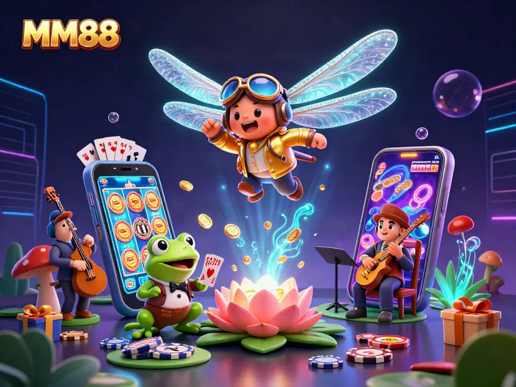 Experience thrilling gaming at MM88 with exciting slots, vibrant casino elements, and dynamic characters.