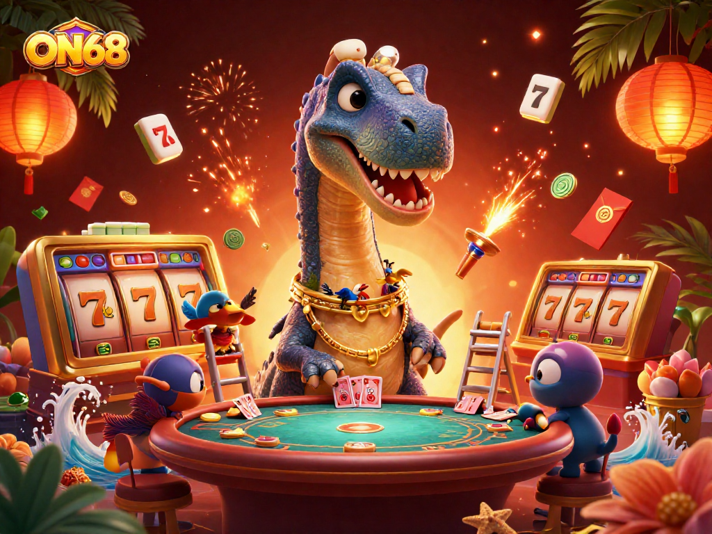Experience thrilling action at ON68 with a brontosaurus overseeing a bustling casino scene featuring poker and jackpot slots.