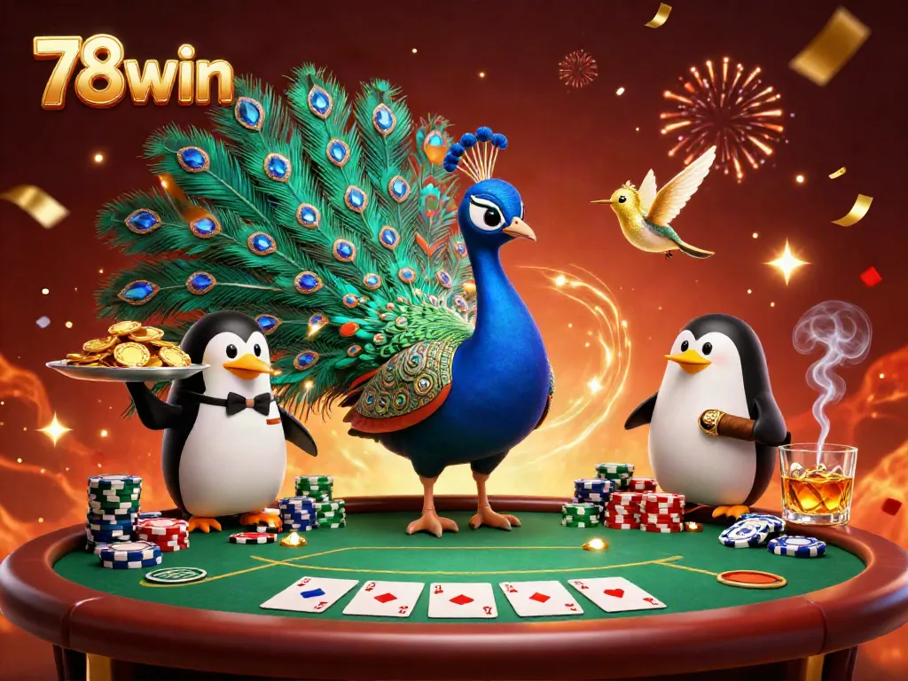 Engage with 78win's vibrant casino scene featuring a regal peacock and playful characters amidst poker elements.