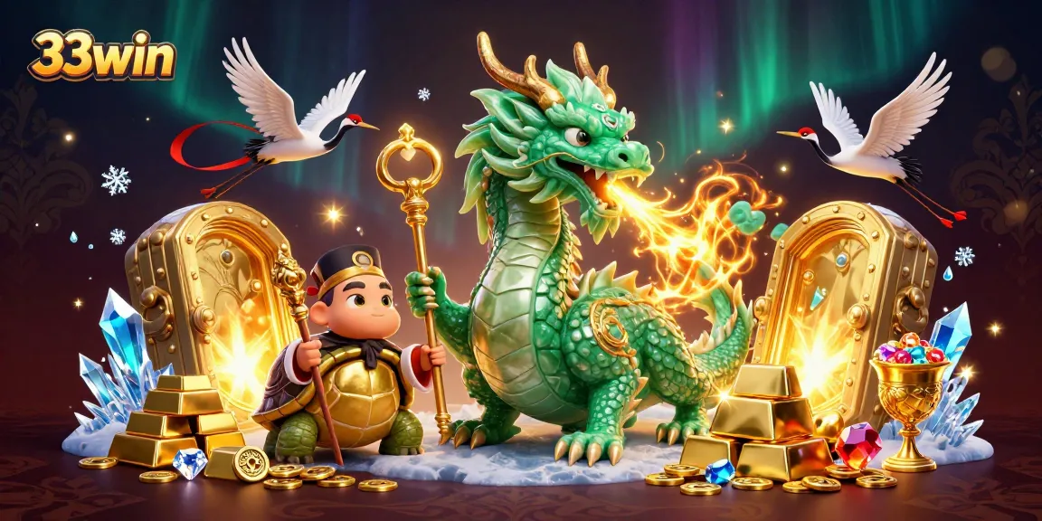 Win big at 33win with an enchanting casino-themed illustration featuring a majestic dragon and treasures.