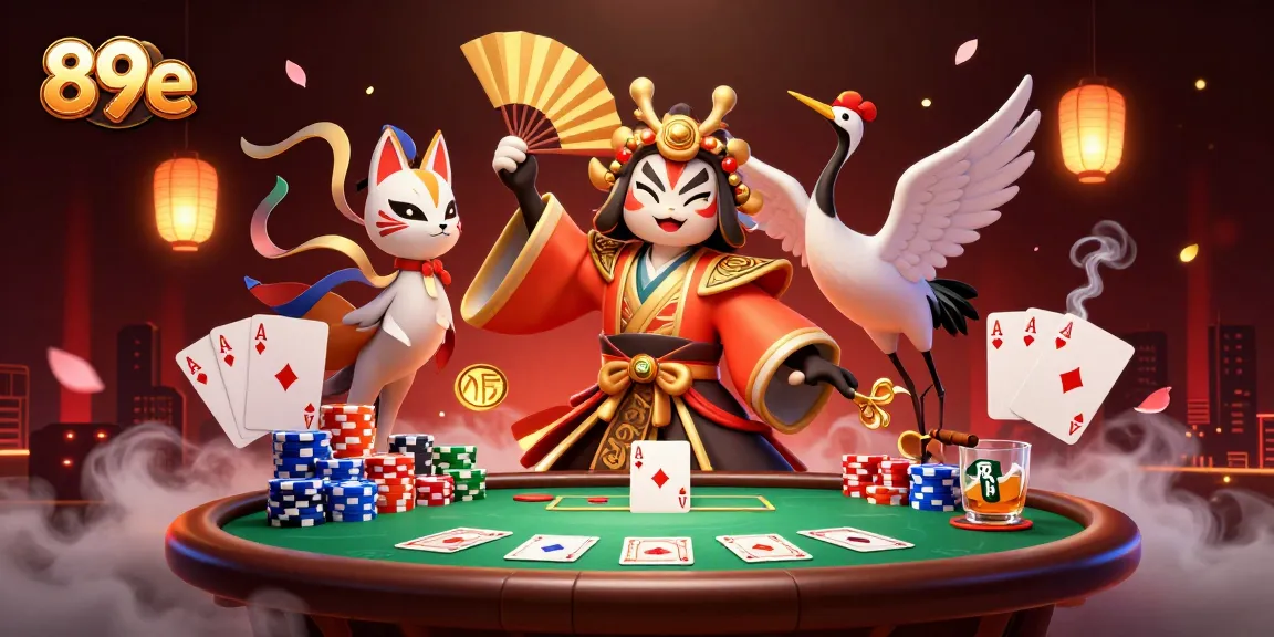 Experience the excitement of 89e with a dynamic scene of a kabuki warrior and poker elements.