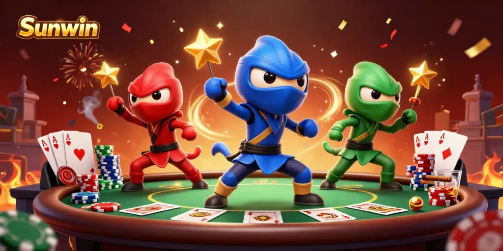 Engaging Sunwin scene with chameleons in martial arts poses amidst poker elements and vibrant colors.
