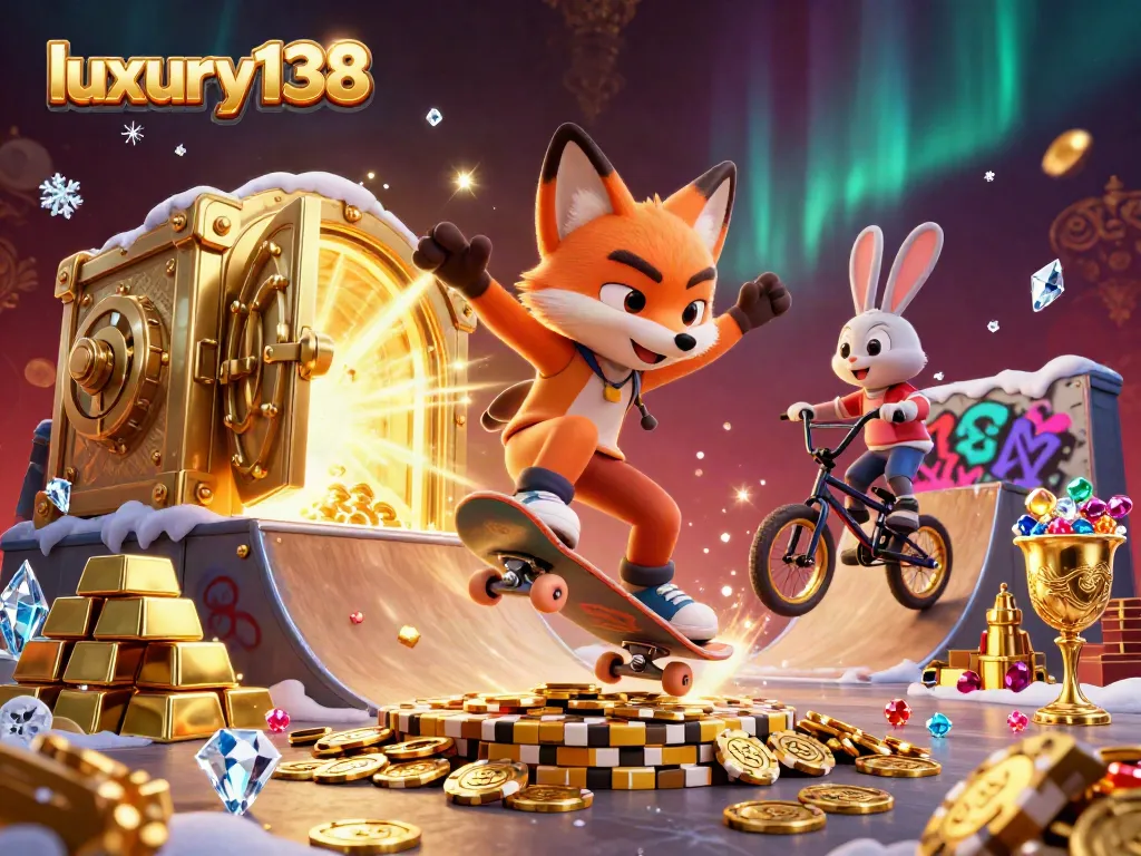 Experience luxury138 with this vibrant illustration featuring a skateboarder fox colliding with gold chips and gems.