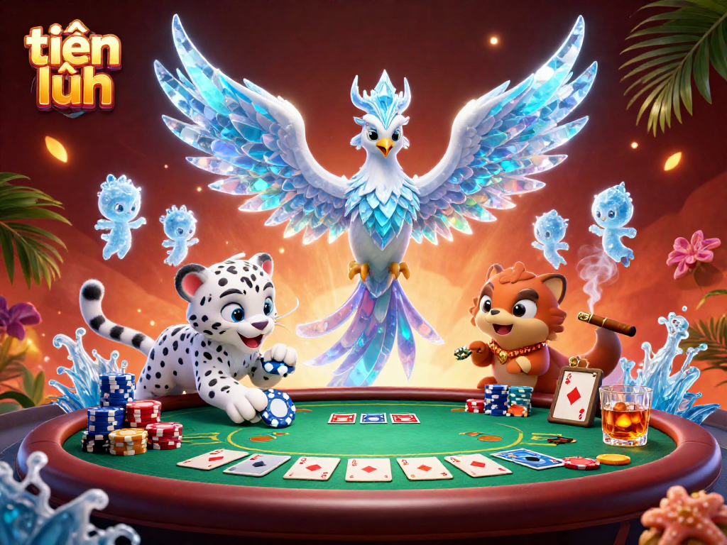 Win big in tiến lên with strategic plays in this vibrant poker scene featuring fun characters.