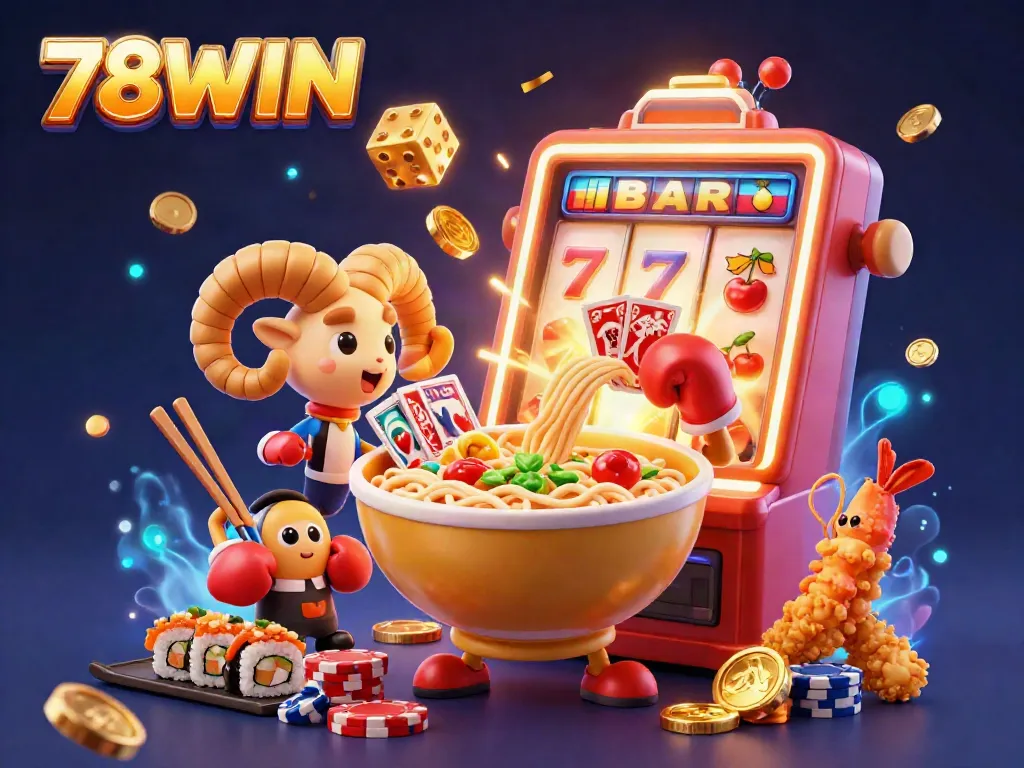 Experience the excitement of 78WIN with a vibrant illustration of a cartoon ramen bowl dealer in a thriving online casino.