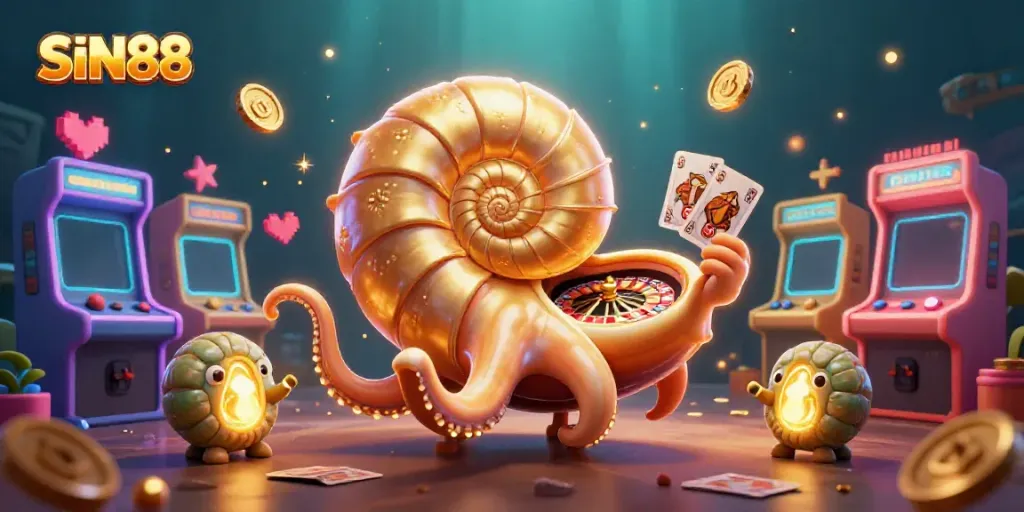 SIN88 showcases a vibrant casino scene with a giant nautilus roulette wheel and colorful game machines.