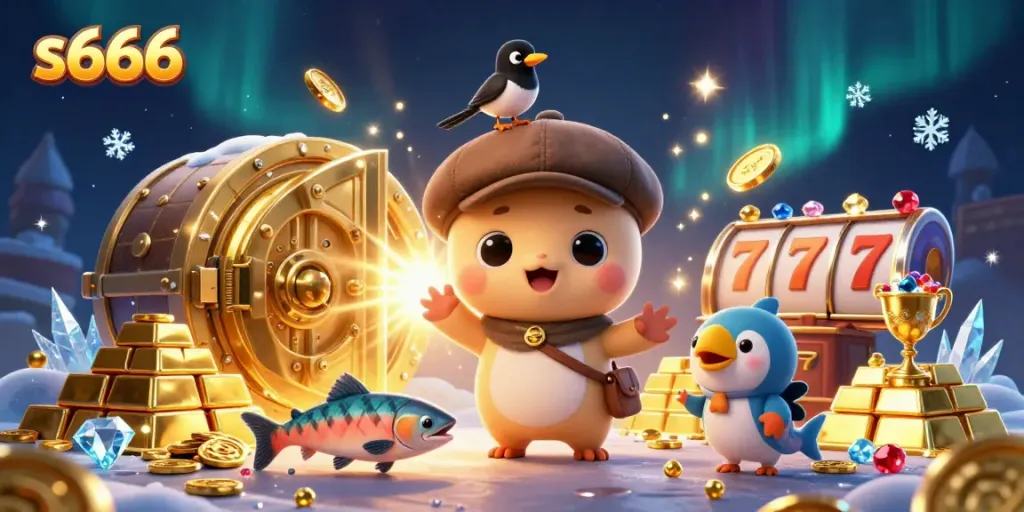 S666 showcases a vibrant 3D cartoon scene with Nessie and treasures, enhancing the gaming experience.