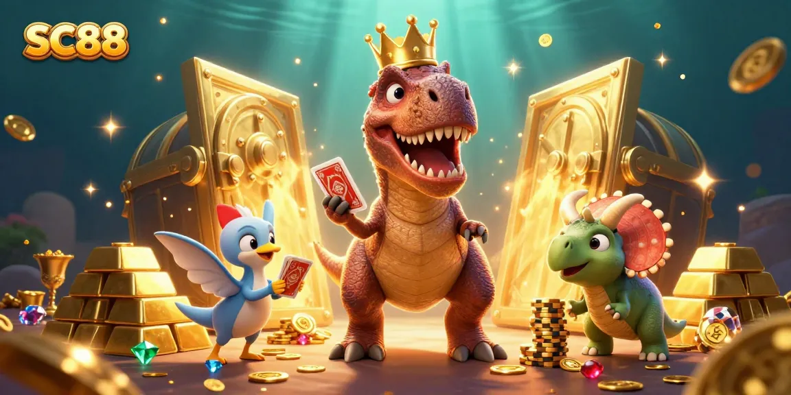 SC88 welcomes players with a T-Rex dealer and friends amidst gold treasures and casino games.