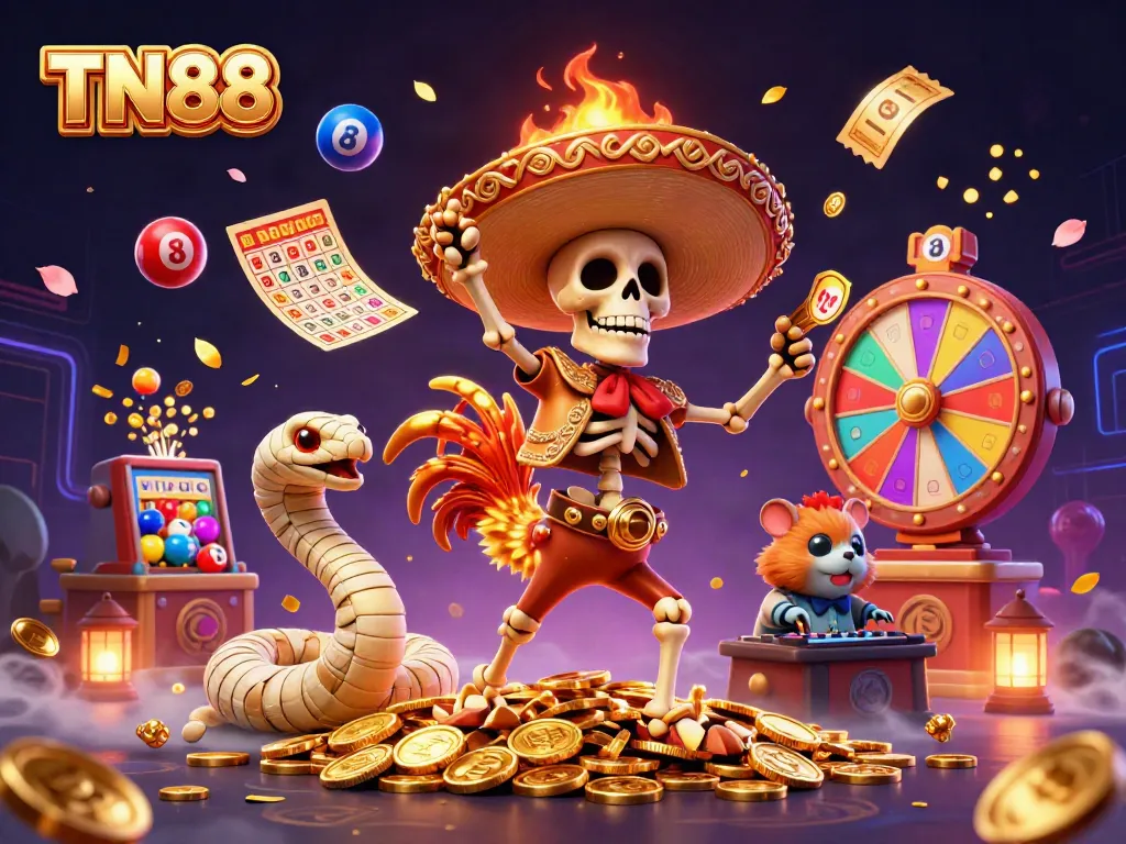 Engage with TN88's thrilling casino adventure featuring colorful lottery elements and dynamic characters.