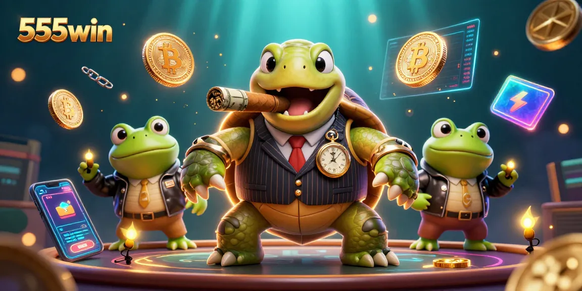 Join the world of 555win as the snapping turtle and bullfrogs play among glowing casino elements.