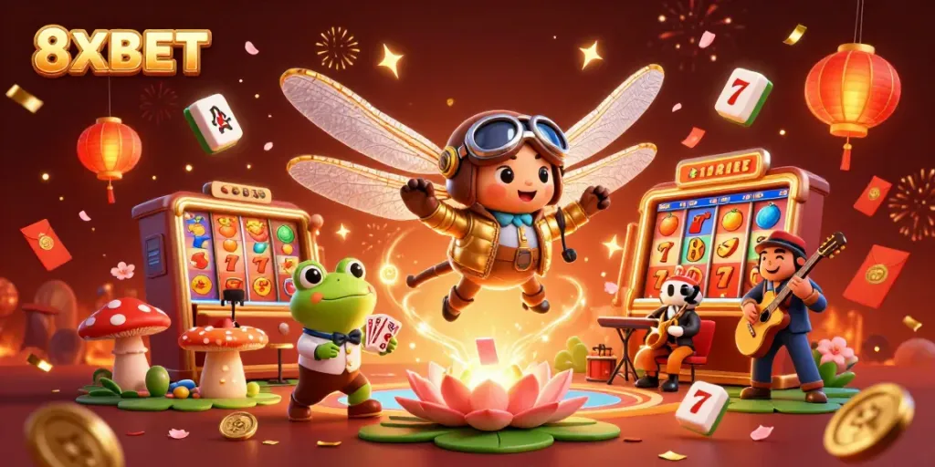 Experience the excitement of gaming at 8XBET with our vibrant casino illustration featuring a dragonfly pilot and frog croupier.