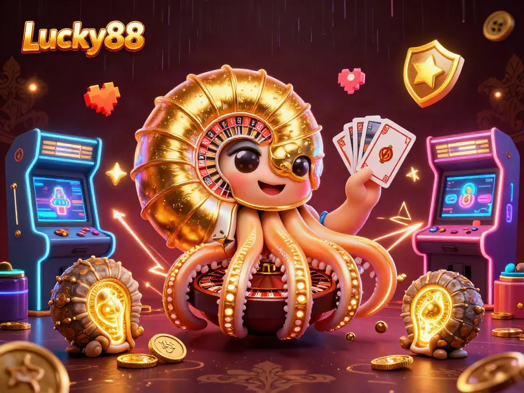 Engage with Lucky88 in this vibrant casino scene featuring ancient characters, a roulette wheel, and arcade elements.