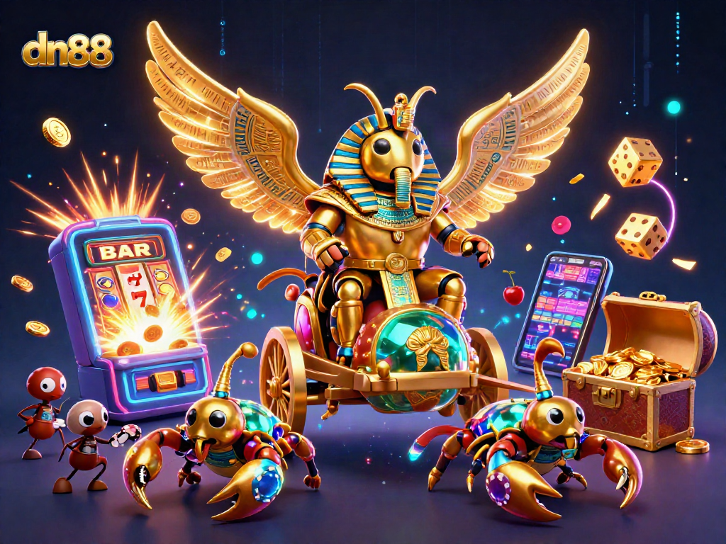 Experience thrilling gaming with dn88's colossal golden scarab beetle and dynamic slot machine in action.