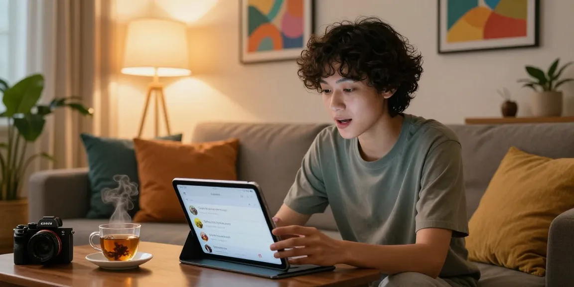 Engaging in AI spicy talk on a sleek tablet in a cozy urban apartment with warm lighting.