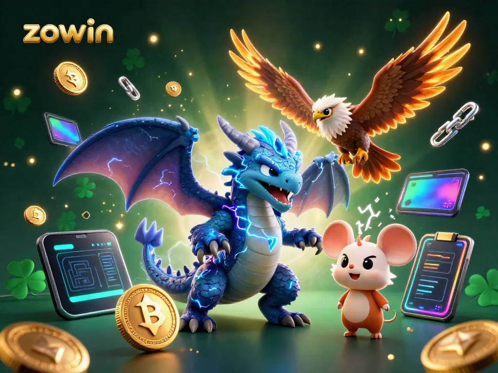Experience thrilling gaming action with zowin through vibrant characters and crypto-themed elements.